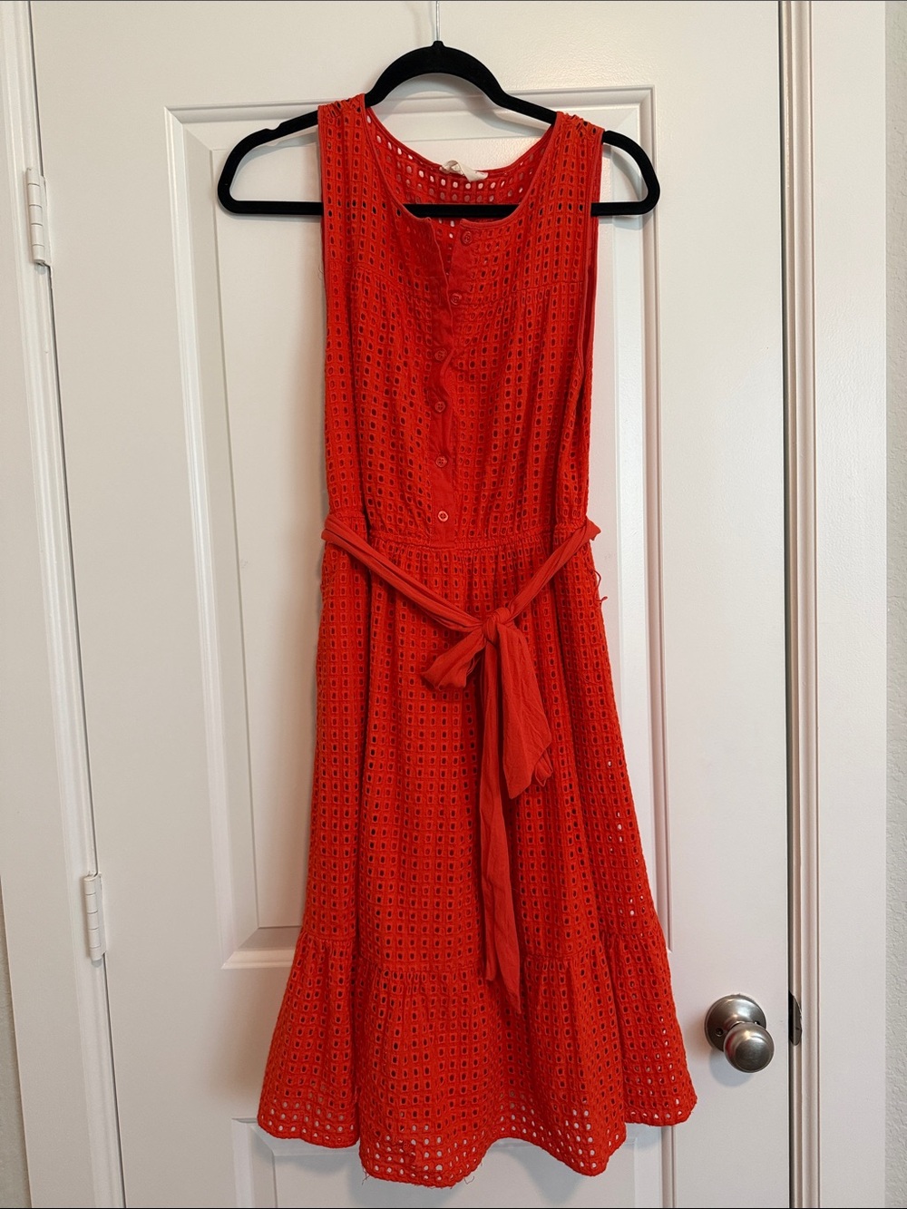 MELLODAY Sleeveless Red Eyelet Midi Dress with Tie Waist